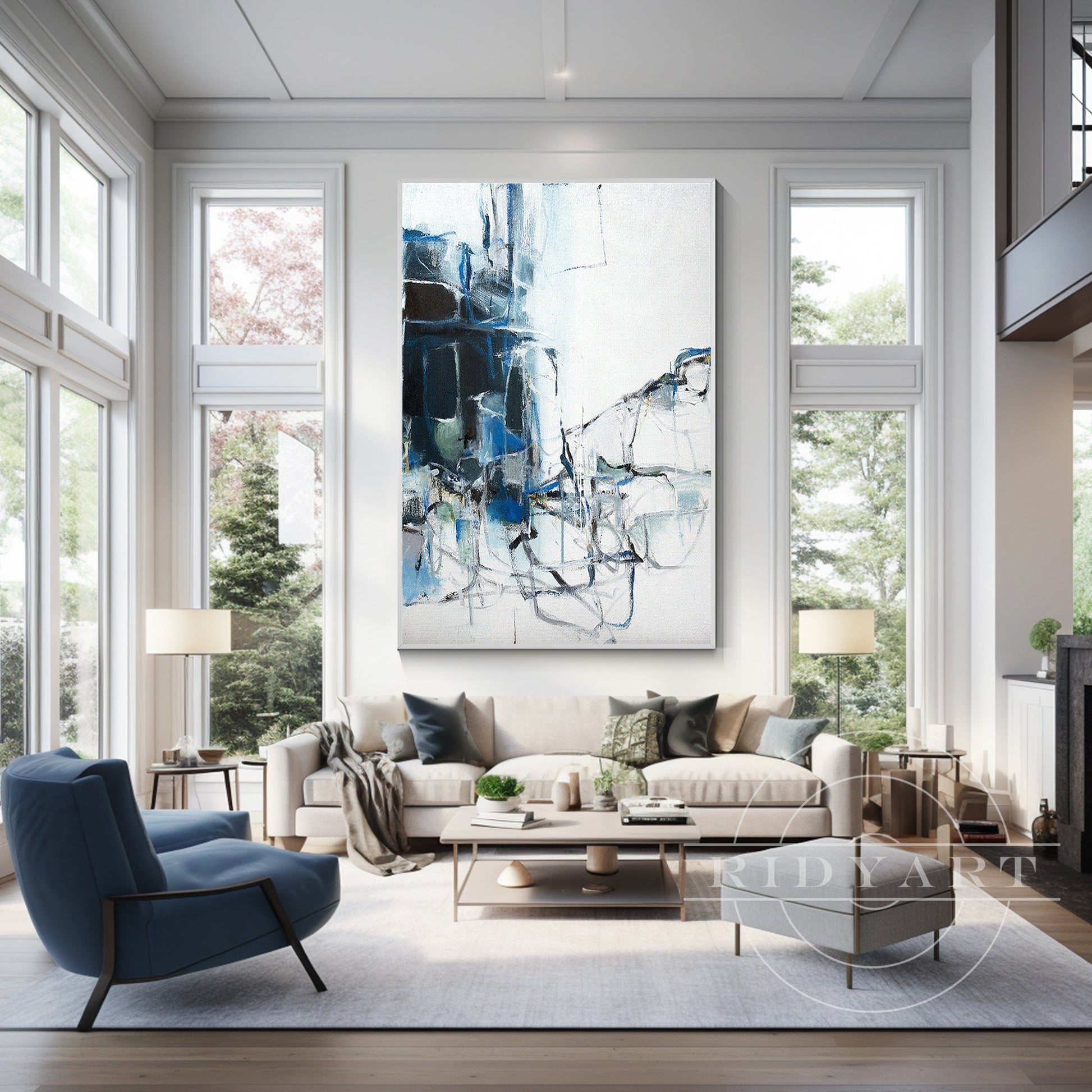 Blue Abstract Painting - Extra Large Navy Textured Wall Art
