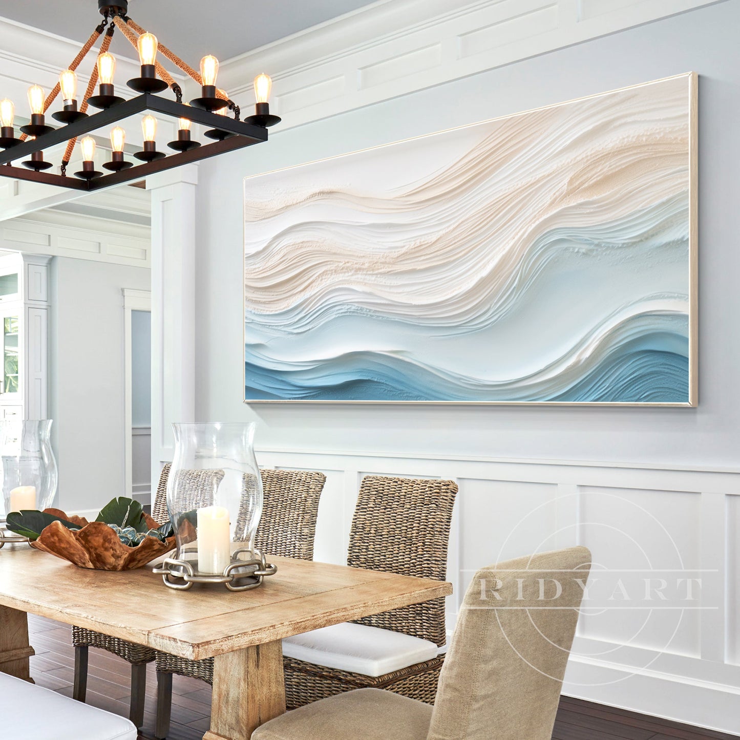 Blue Beige Abstract Ocean Waves - 3D Textured Art