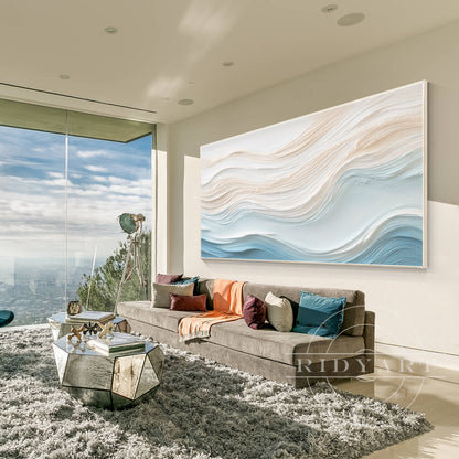 Blue Beige Abstract Ocean Waves - 3D Textured Art
