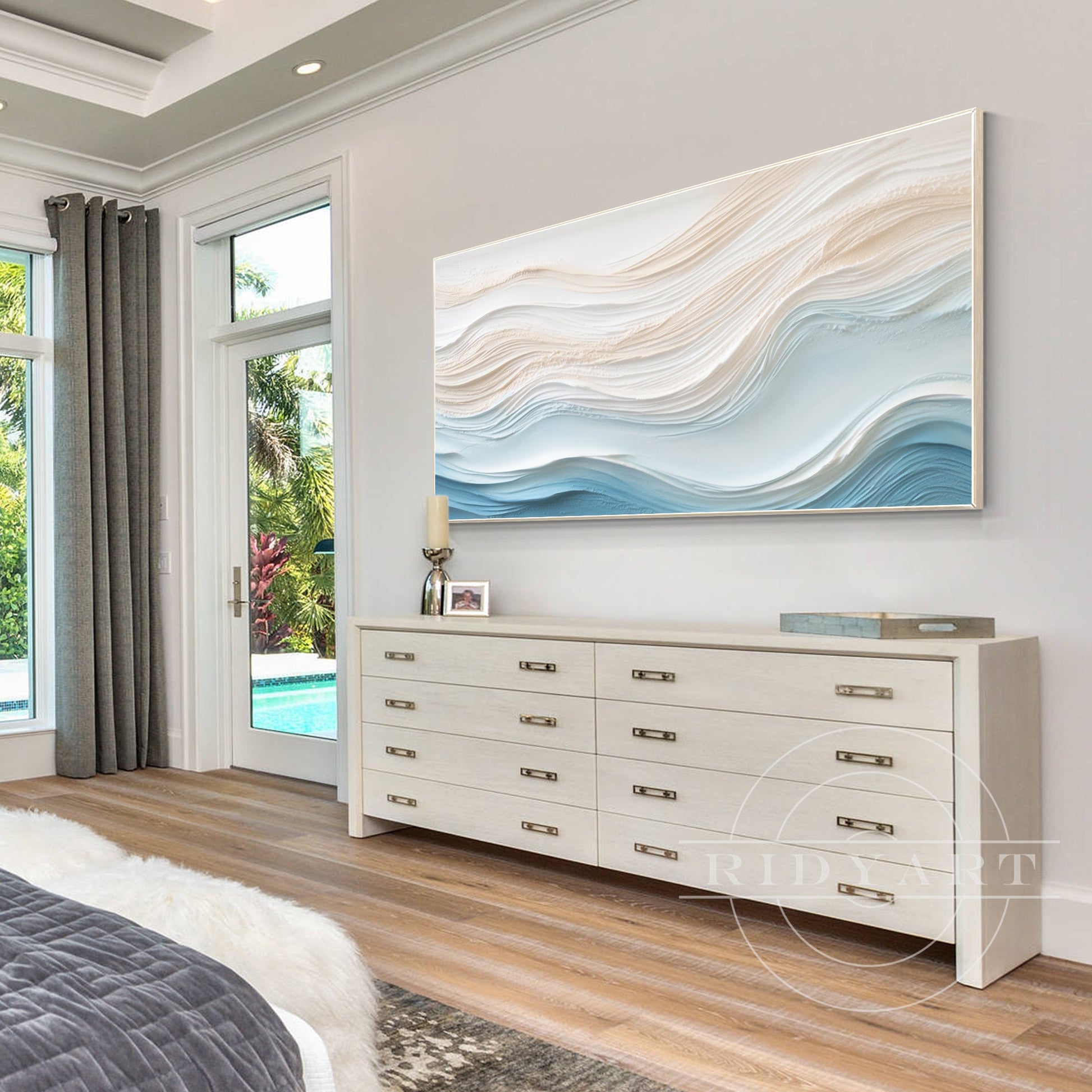 Blue Beige Abstract Ocean Waves - 3D Textured Art