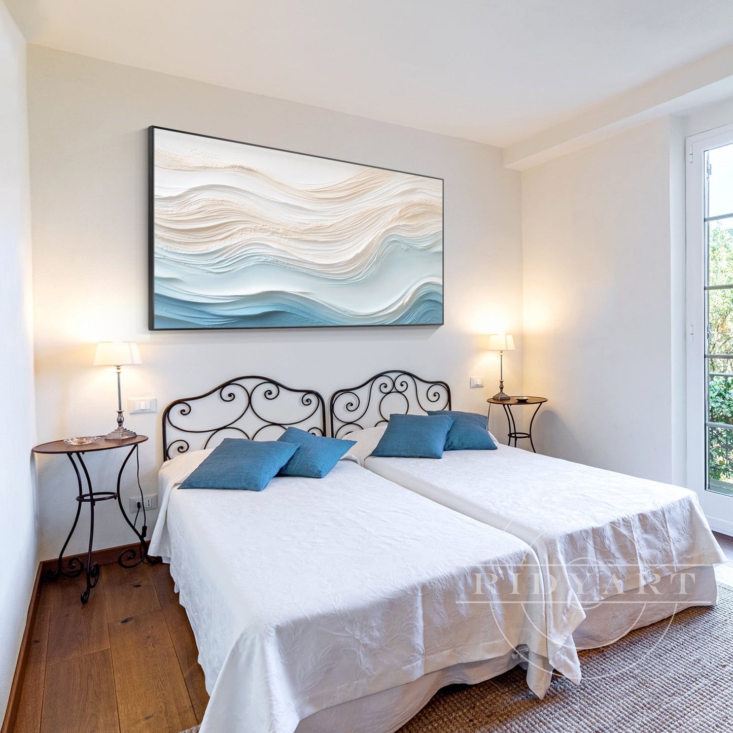 Blue Beige Abstract Ocean Waves - 3D Textured Art
