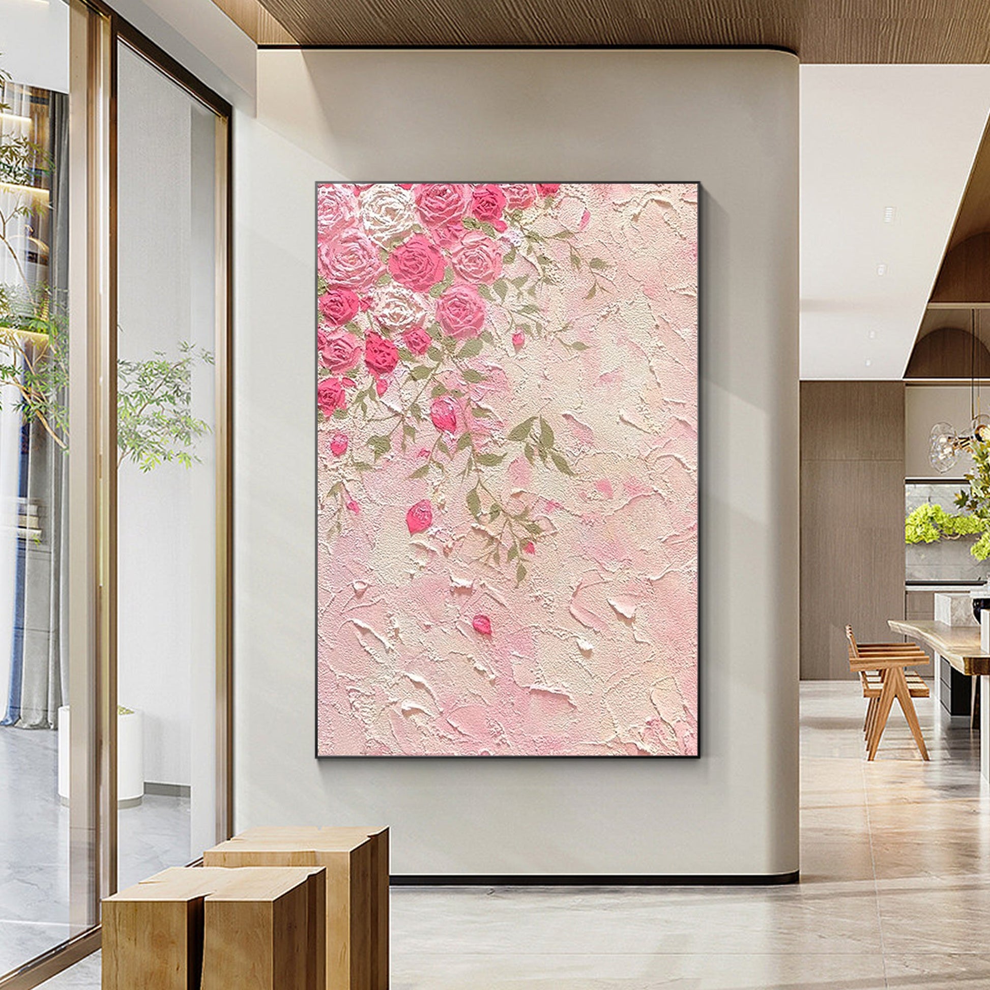 Charming Pink Floral Oil Painting on Canvas
