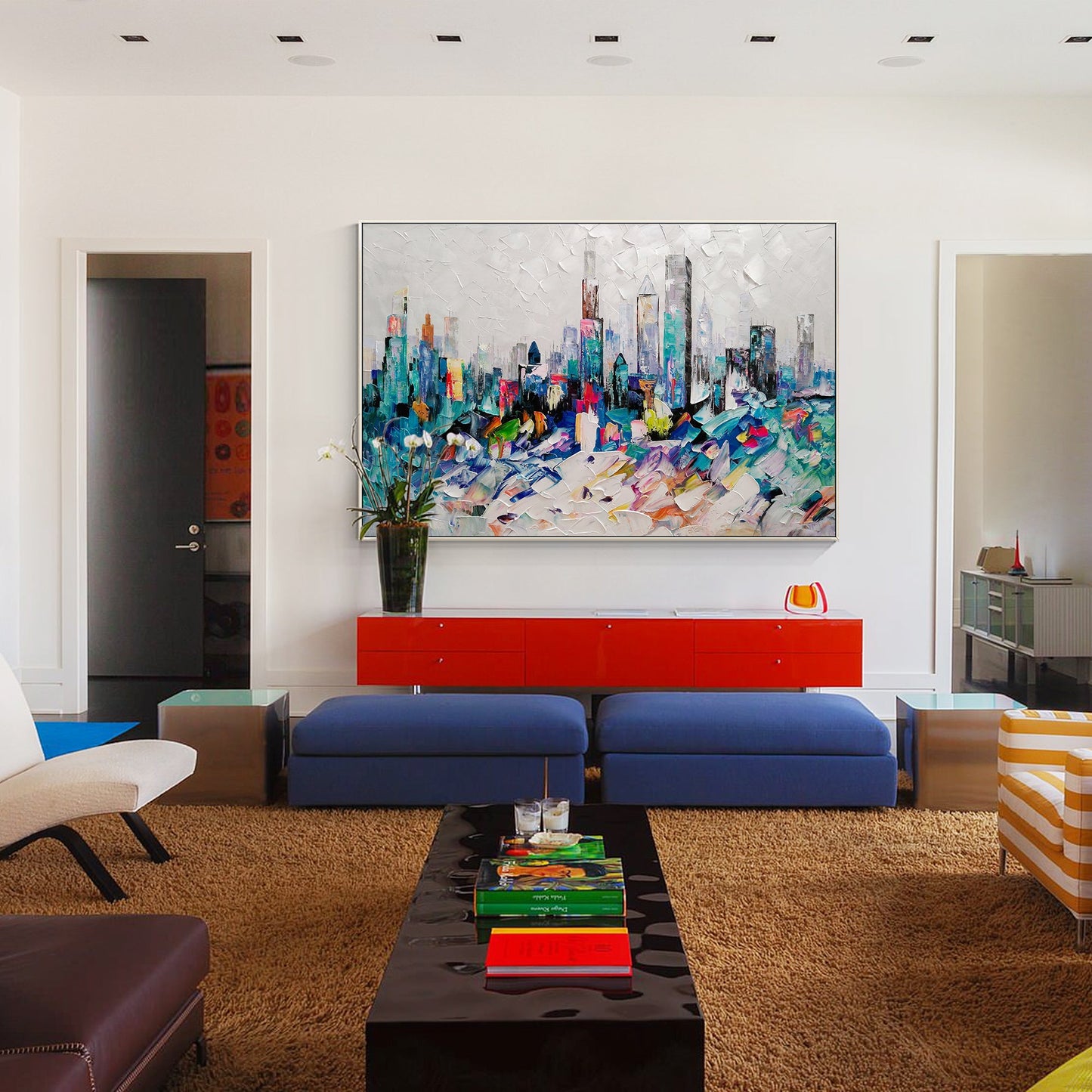 Chicago skyline oil painting Teal Colorful Art