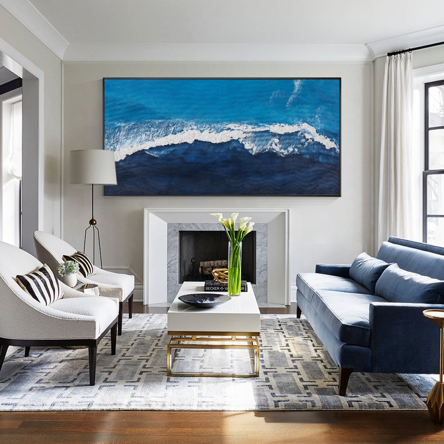 Ocean Painting Navy Blue Wall Art