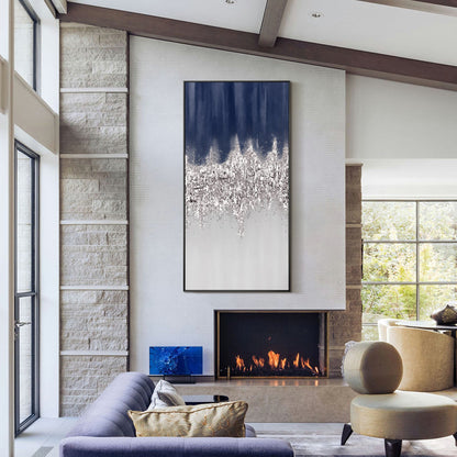 Navy Blue Silver Abstract Oil Painting
