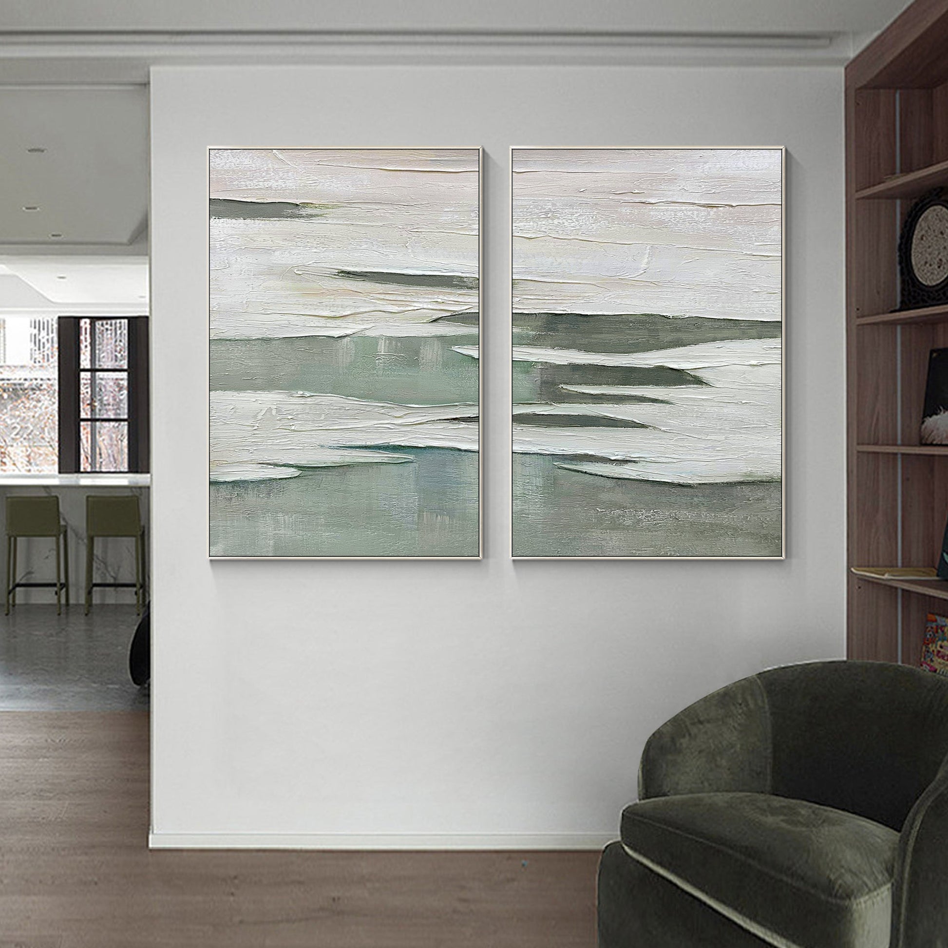 Sage Green Abstract Lake Painting on Canvas