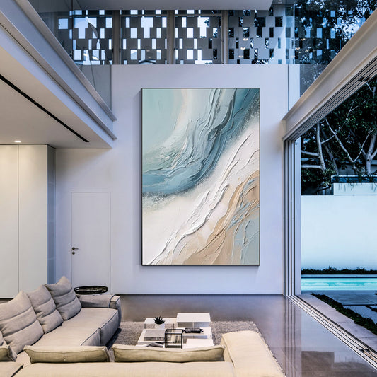 Cream White Blue 3D Textured Abstract Ocean Wave Painting
