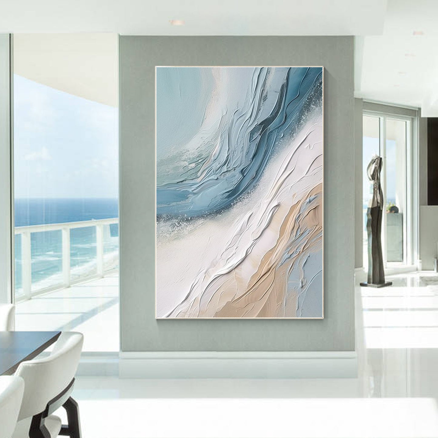 Cream White Blue 3D Textured Abstract Ocean Wave Painting