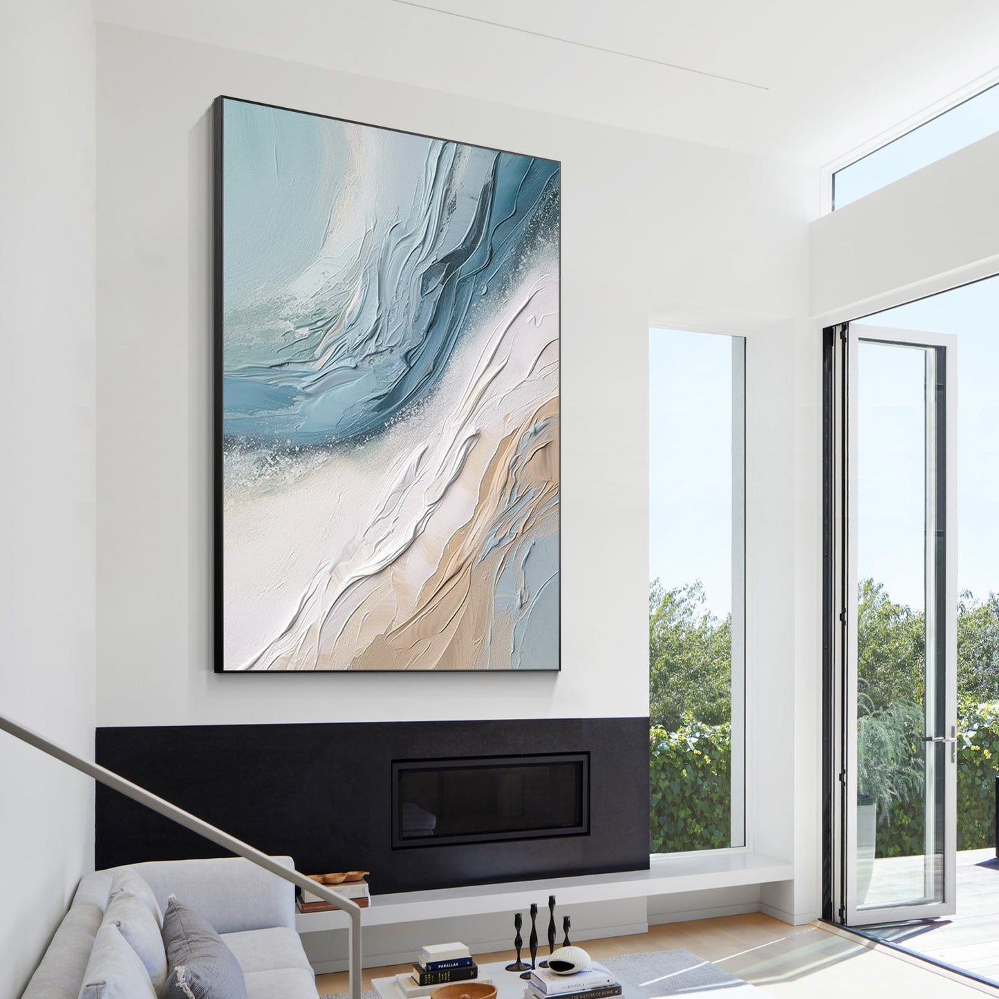 Cream White Blue 3D Textured Abstract Ocean Wave Painting