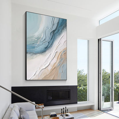 Cream White Blue 3D Textured Abstract Ocean Wave Painting