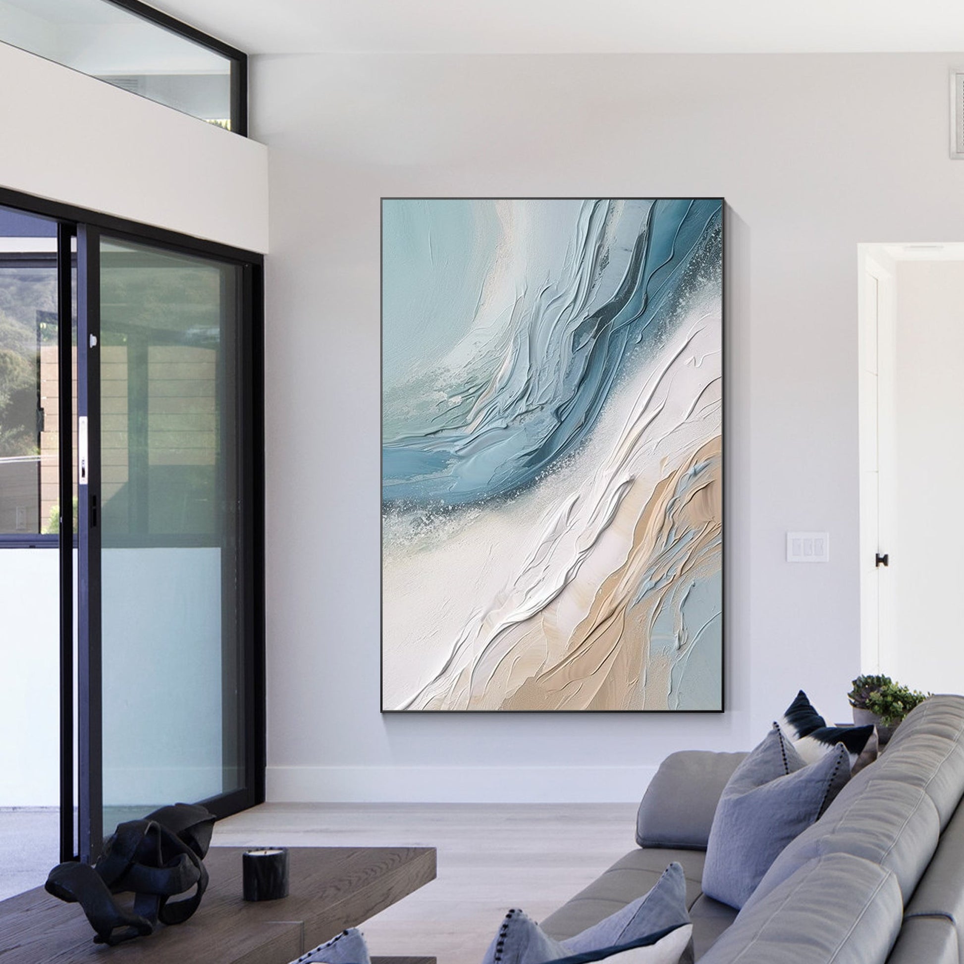 Cream White Blue 3D Textured Abstract Ocean Wave Painting