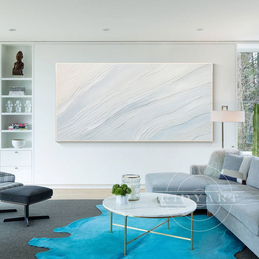 Cream White Light Blue Ocean Painting - 3D Textured Wall Art