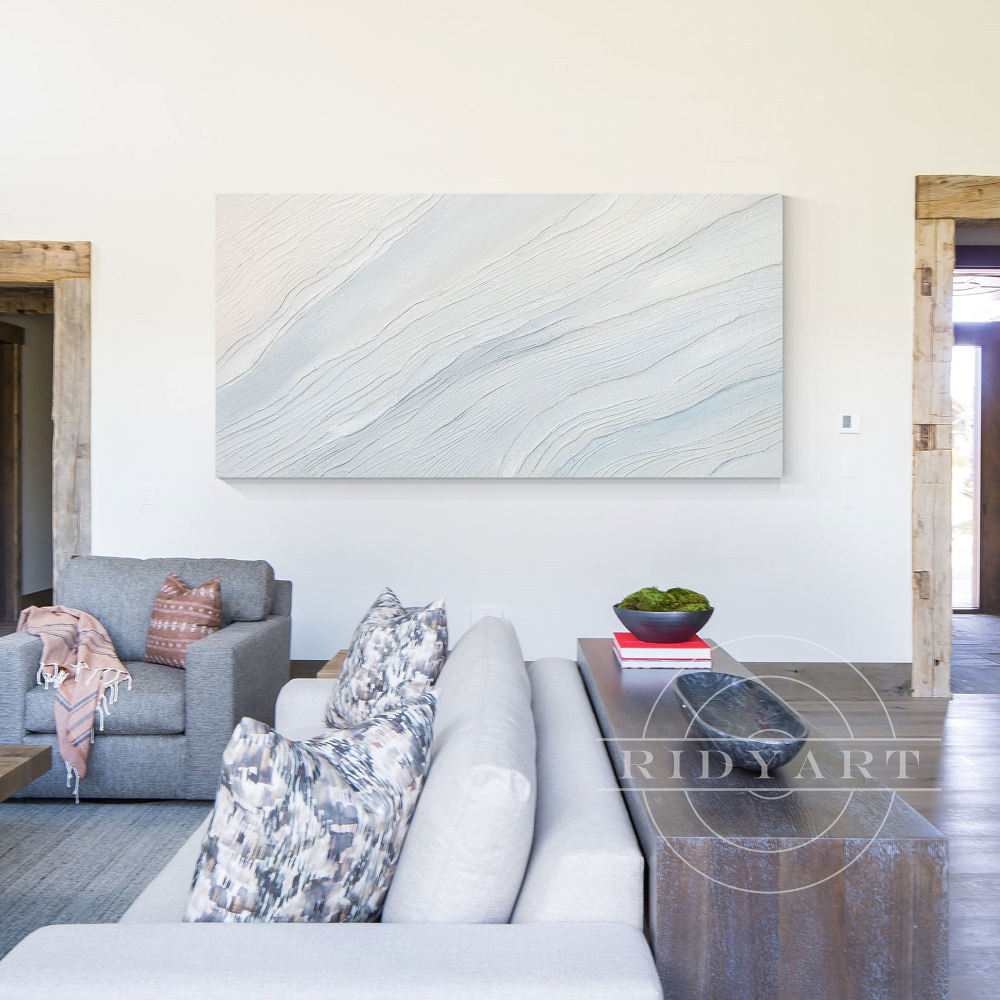 Cream White Light Blue Ocean Painting - 3D Textured Wall Art