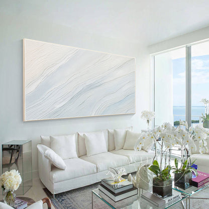 Cream White Light Blue Ocean Painting - 3D Textured Wall Art