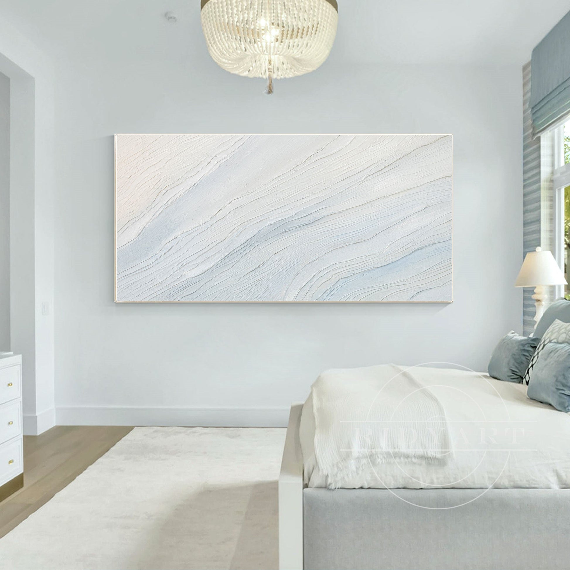 Cream White Light Blue Ocean Painting - 3D Textured Wall Art