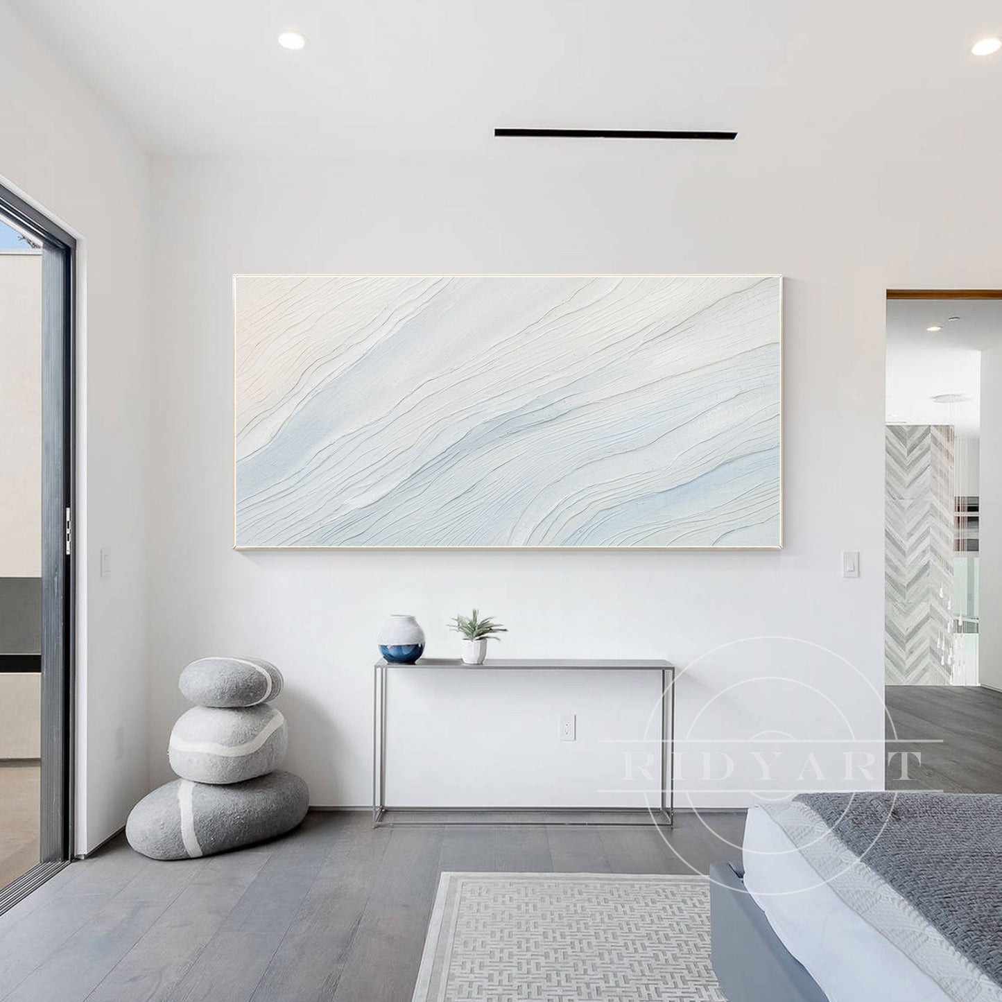 Cream White Light Blue Ocean Painting - 3D Textured Wall Art