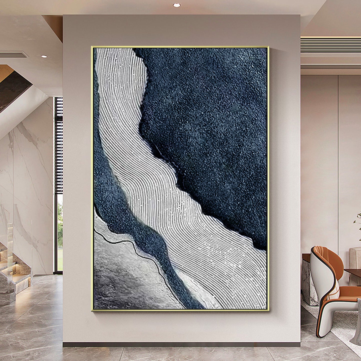 Dark Blue Gray Ocean Abstract Painting - Coastal Wall Art