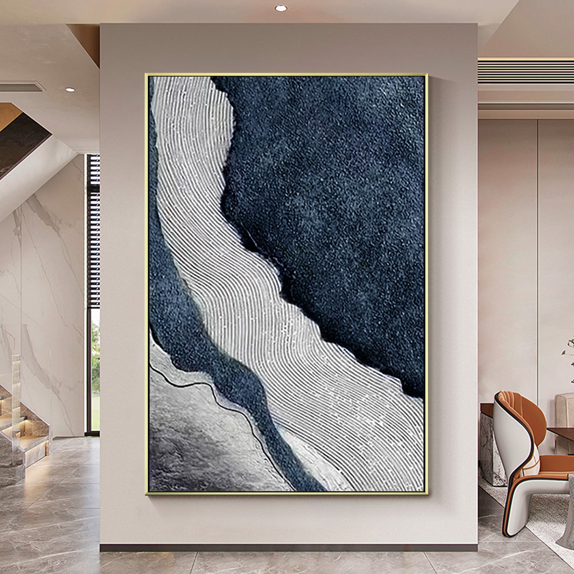 Dark Blue Gray Ocean Abstract Painting - Coastal Wall Art