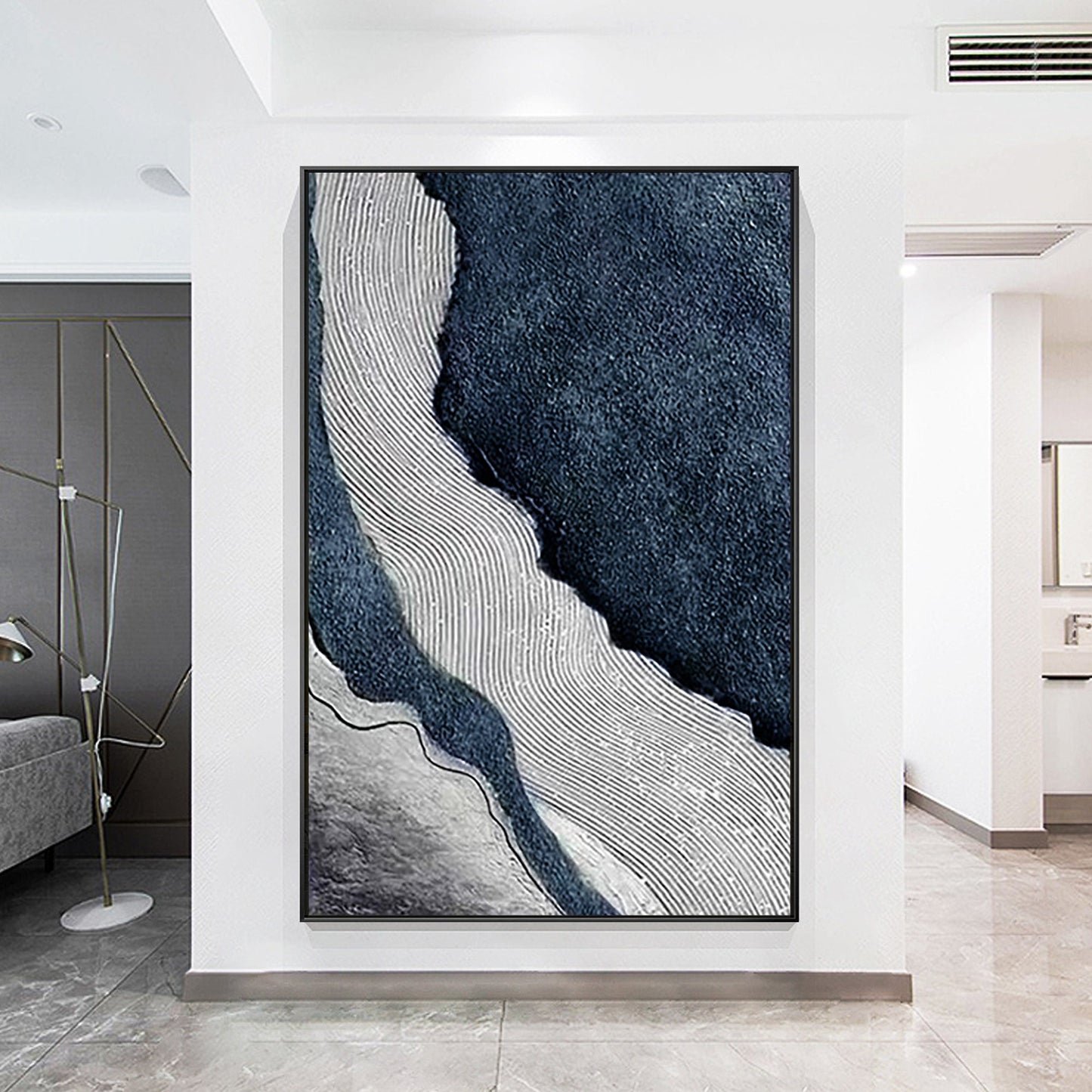 Dark Blue Gray Ocean Abstract Painting - Coastal Wall Art