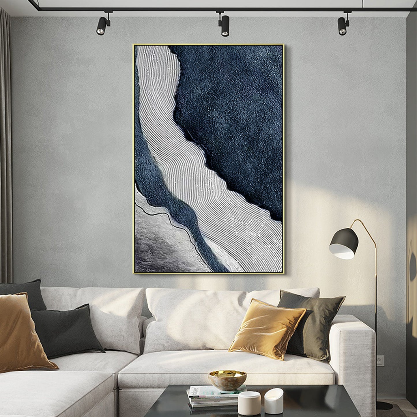 Dark Blue Gray Ocean Abstract Painting - Coastal Wall Art