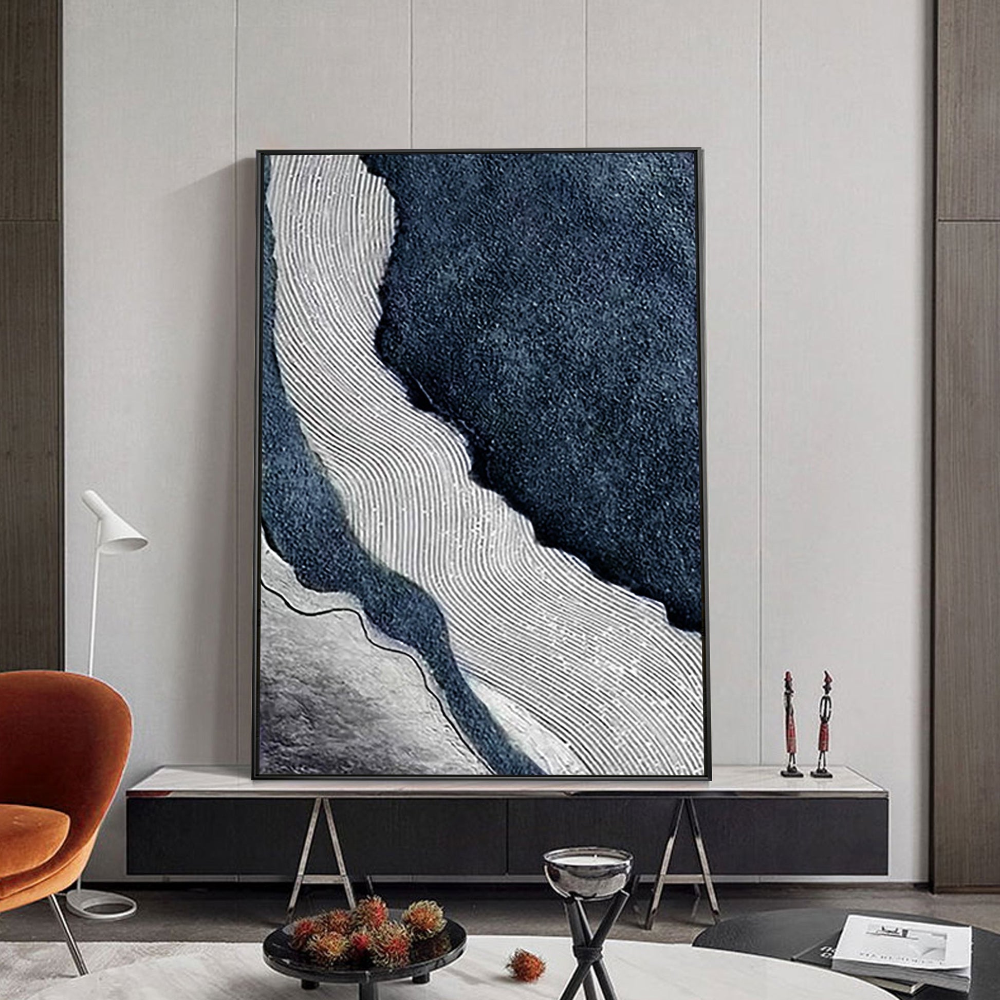 Dark Blue Gray Ocean Abstract Painting - Coastal Wall Art