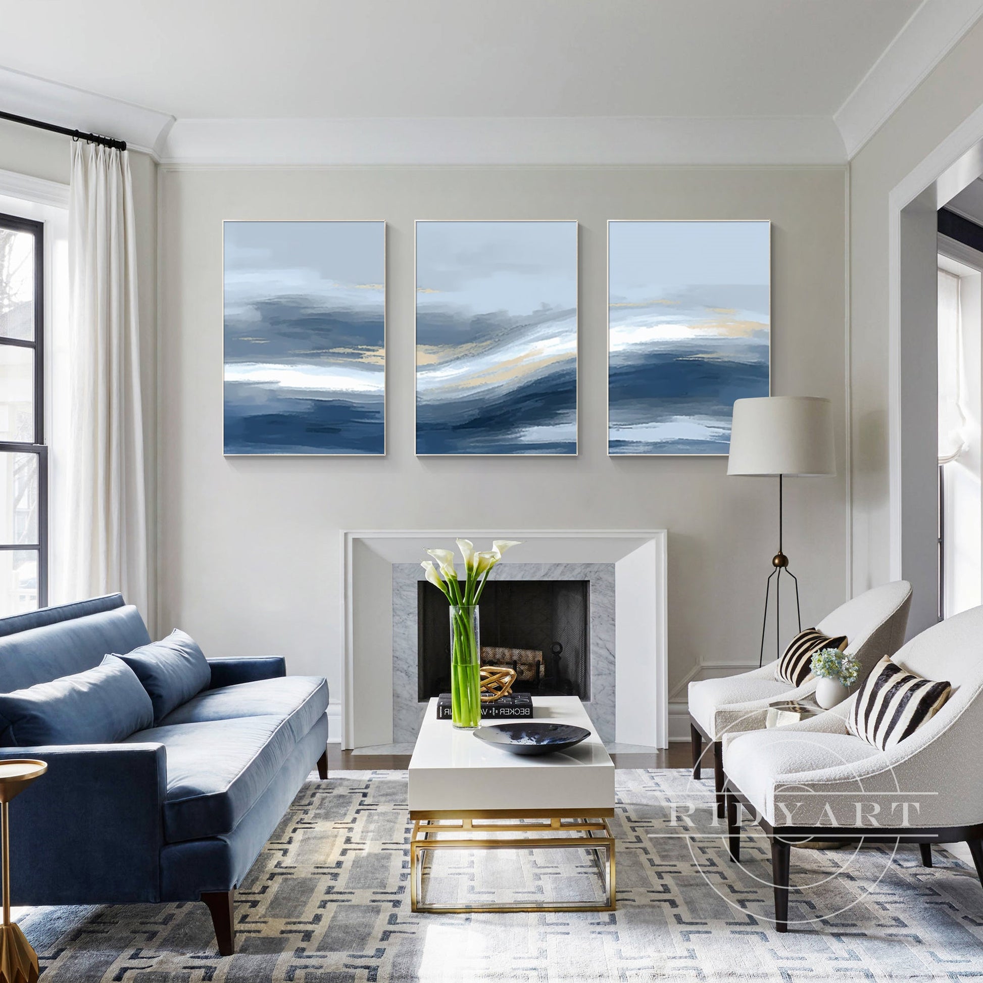 Triptych Blue and Gold Painting