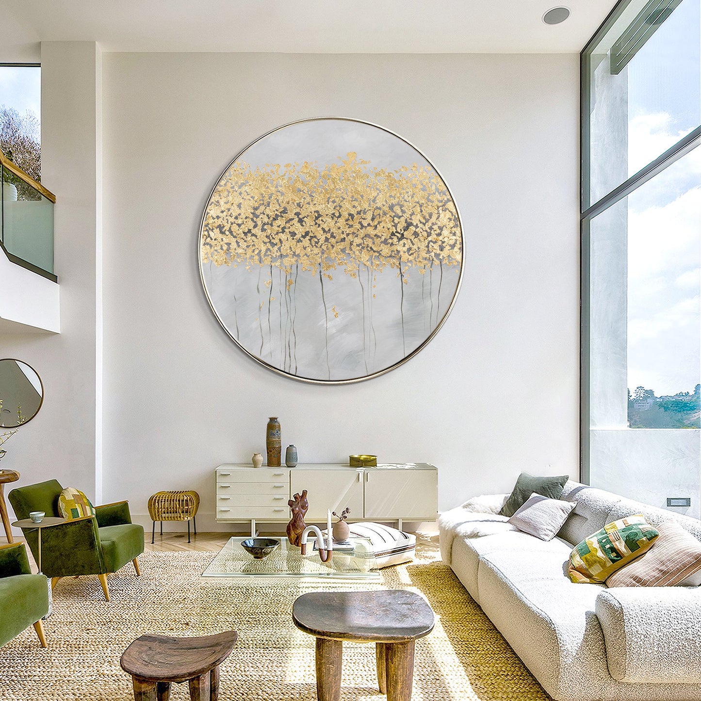 Gold Trees Canvas Wall Art Round Frame