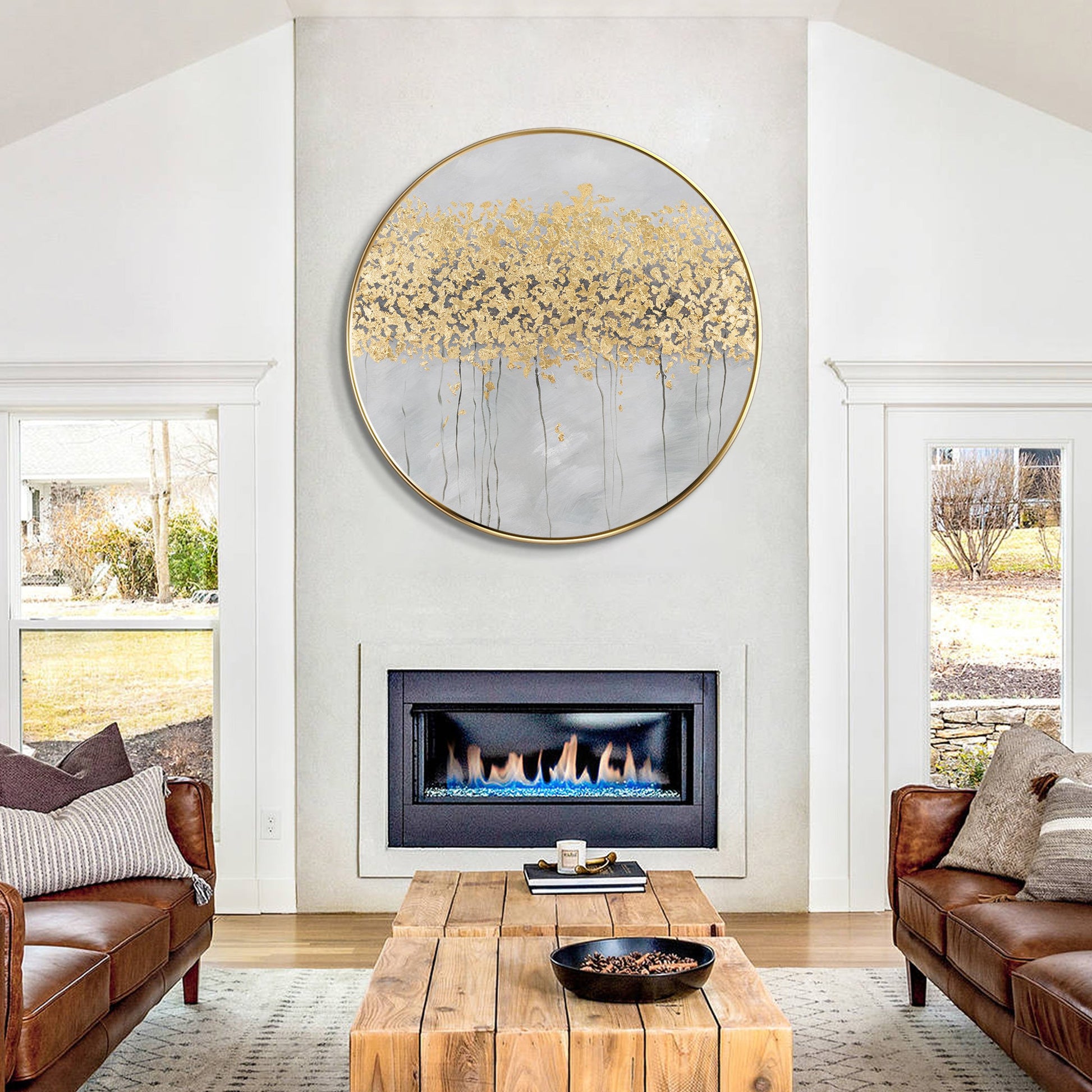 Gold Trees Canvas Wall Art Round Frame
