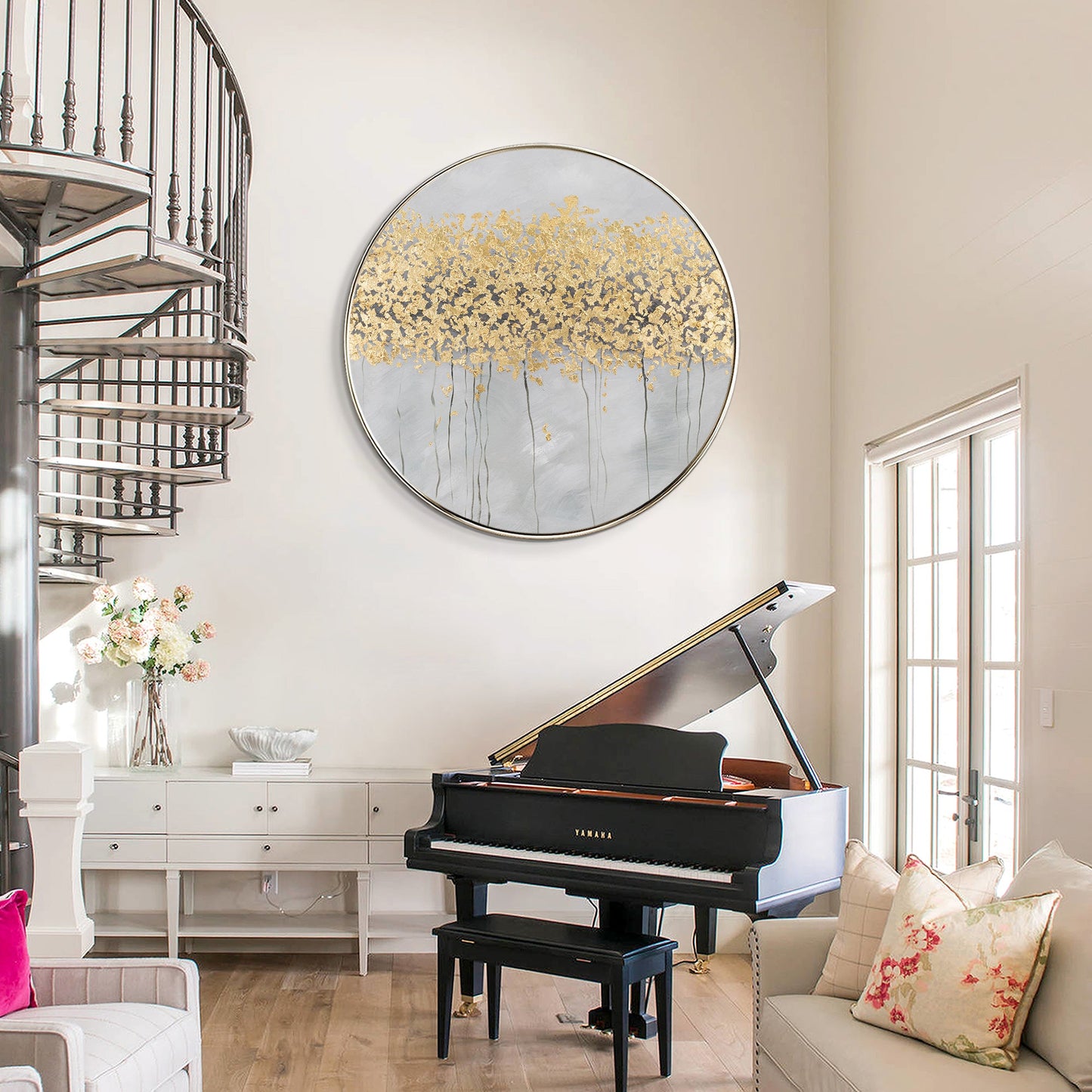 Gold Trees Canvas Wall Art Round Frame