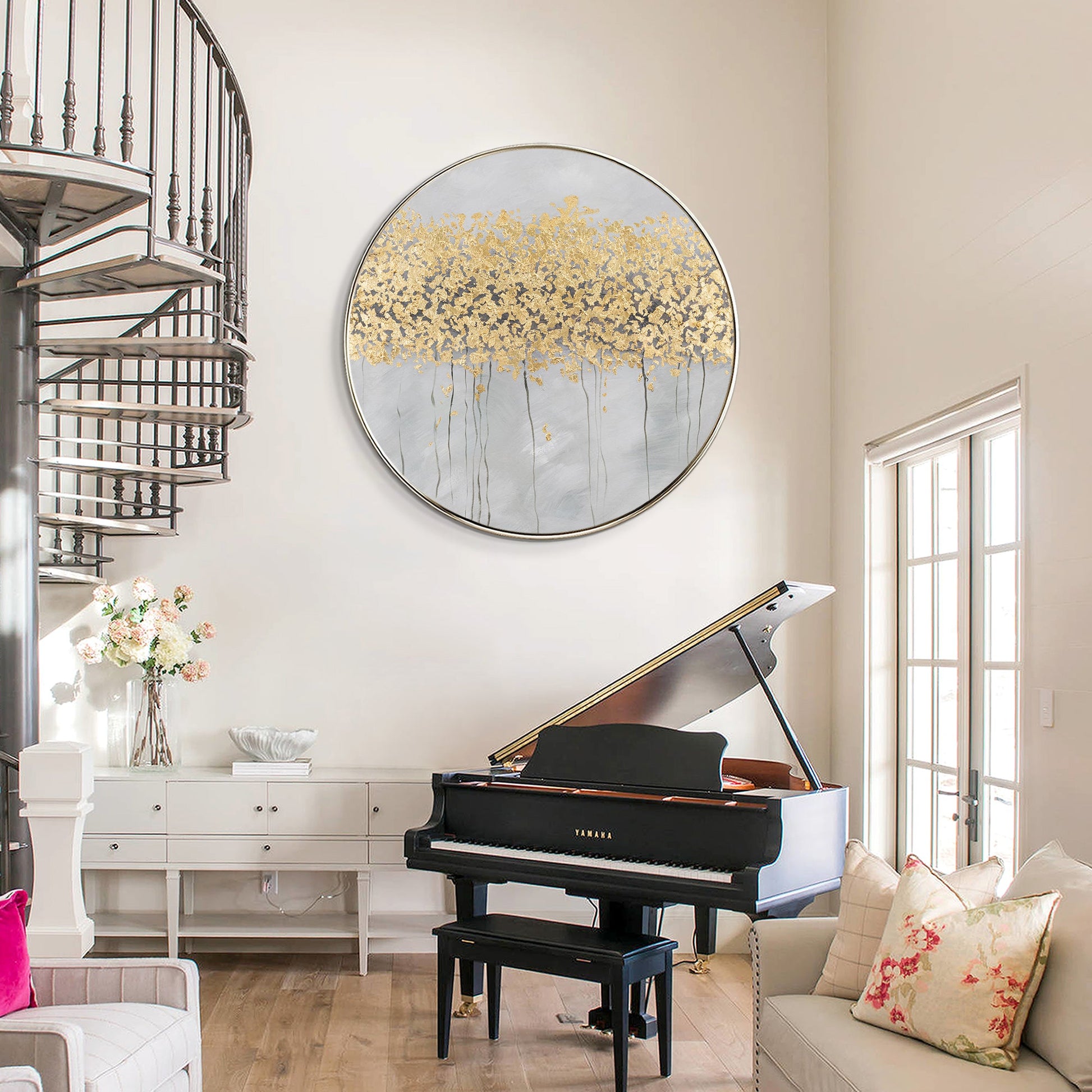 Gold Trees Canvas Wall Art Round Frame