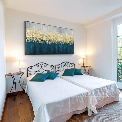 Gold Flowers Abstract Painting - 3D Teal Blue Large Wall Art