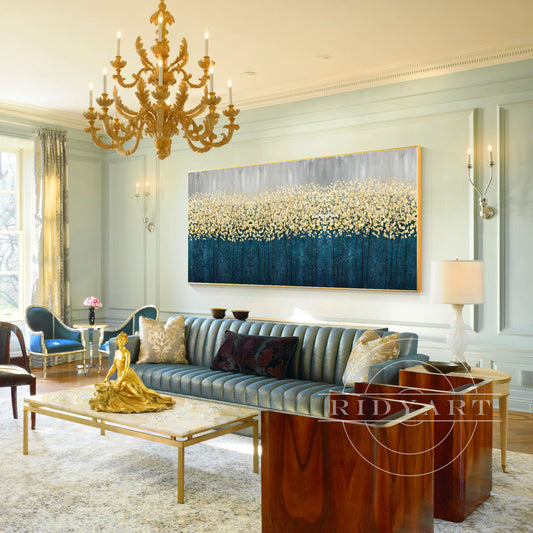 Gold Flowers Abstract Painting - 3D Teal Blue Large Wall Art