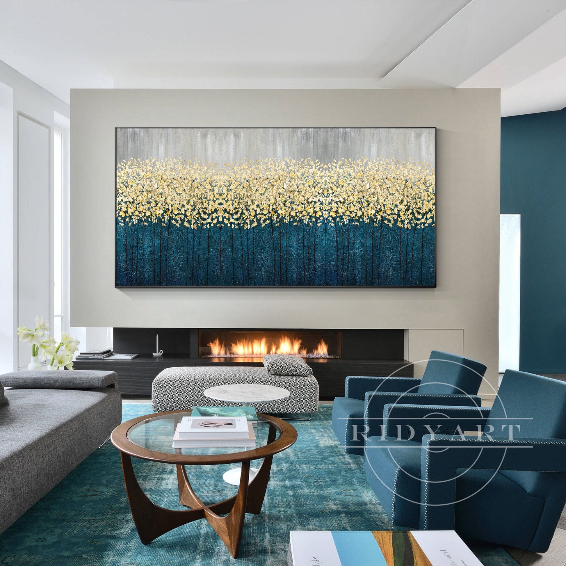 Gold Flowers Abstract Painting - 3D Teal Blue Large Wall Art