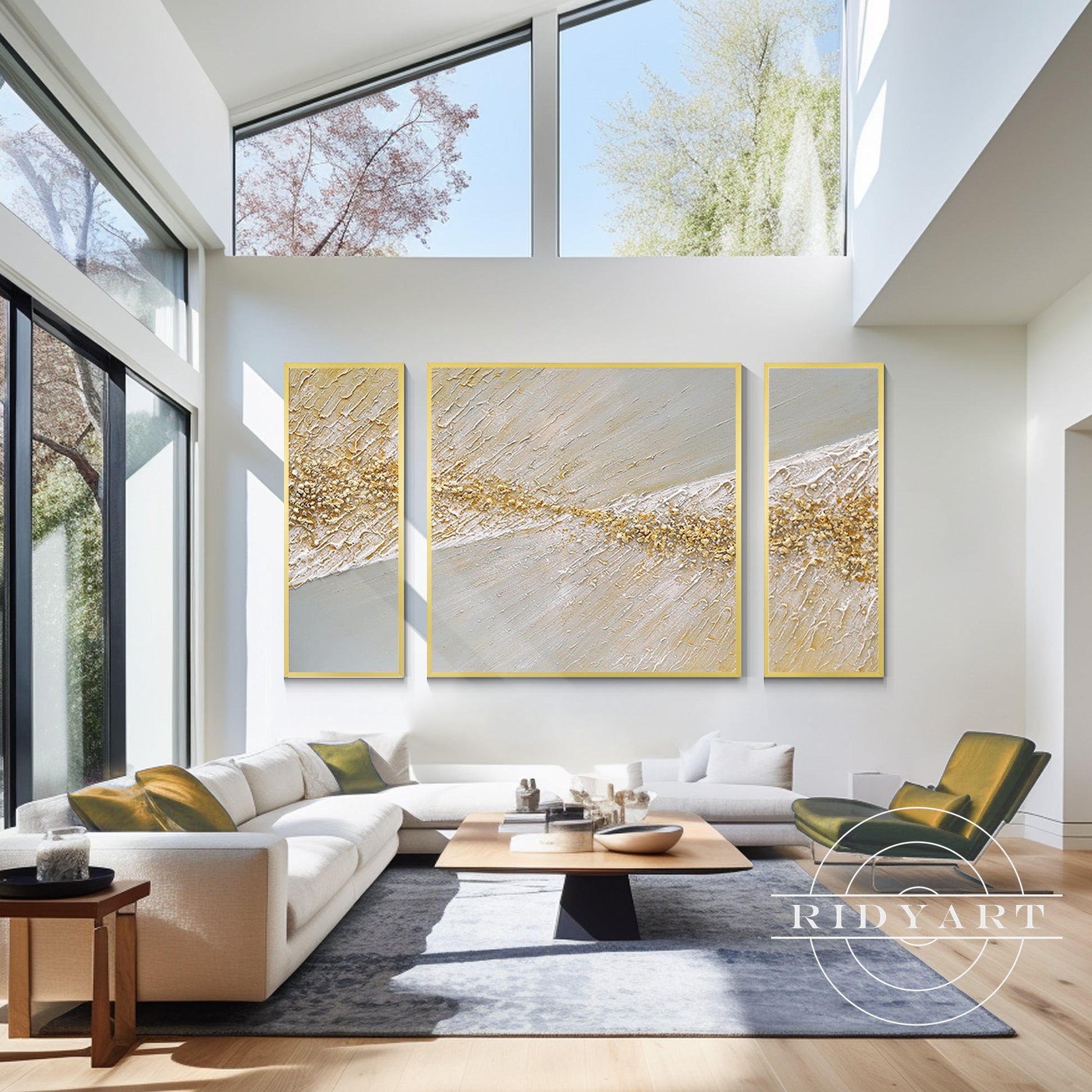 Set of 3 Gold beach wall art
