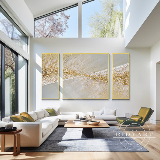 Set of 3 Gold beach wall art