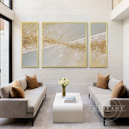 Set of 3 Gold beach wall art