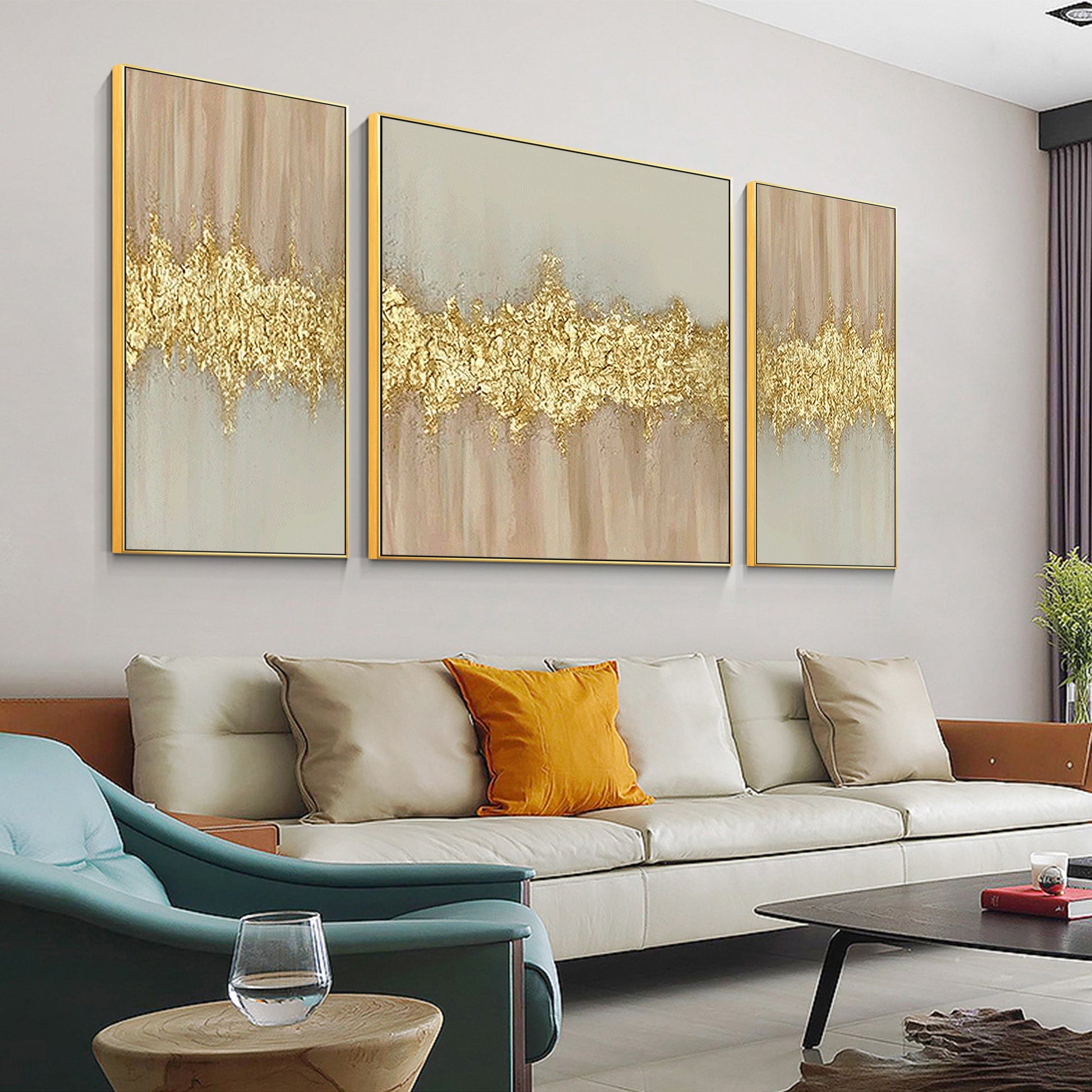 Set of 3 Gold Abstract Painting