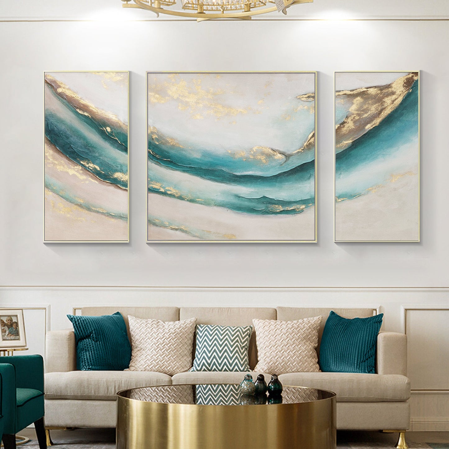Set Of 3 Abstract Teal Gold Oil Painting