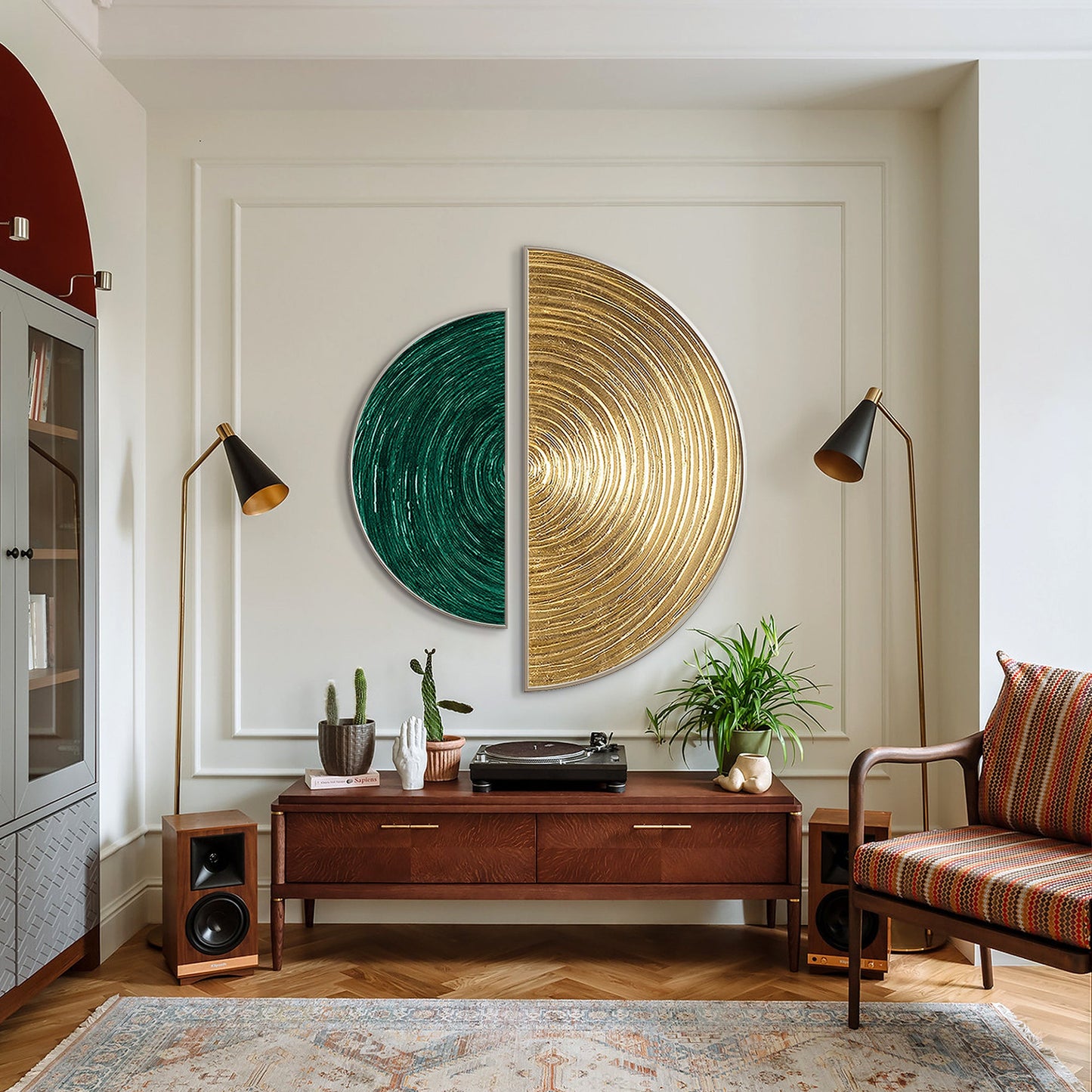Green And Gold Leaf Oil Painting Round Art