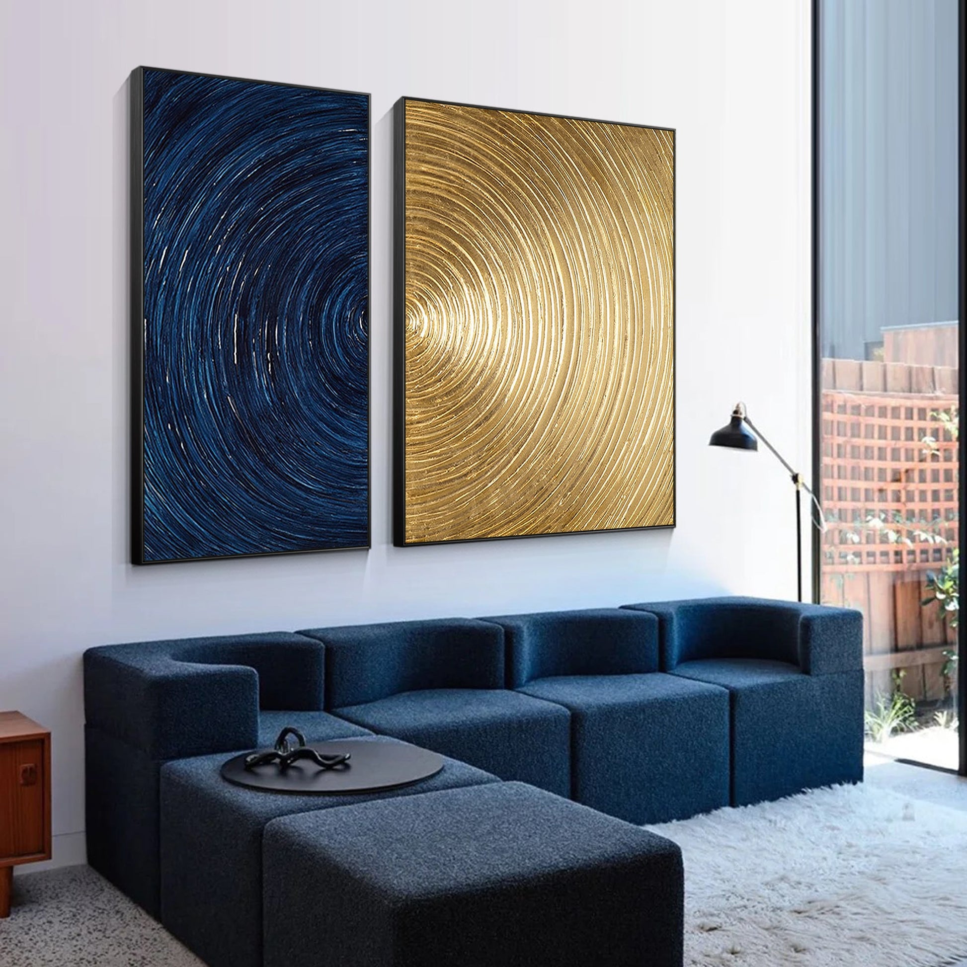 2 Pieces Navy and Gold Circle Abstract Oil Painting
