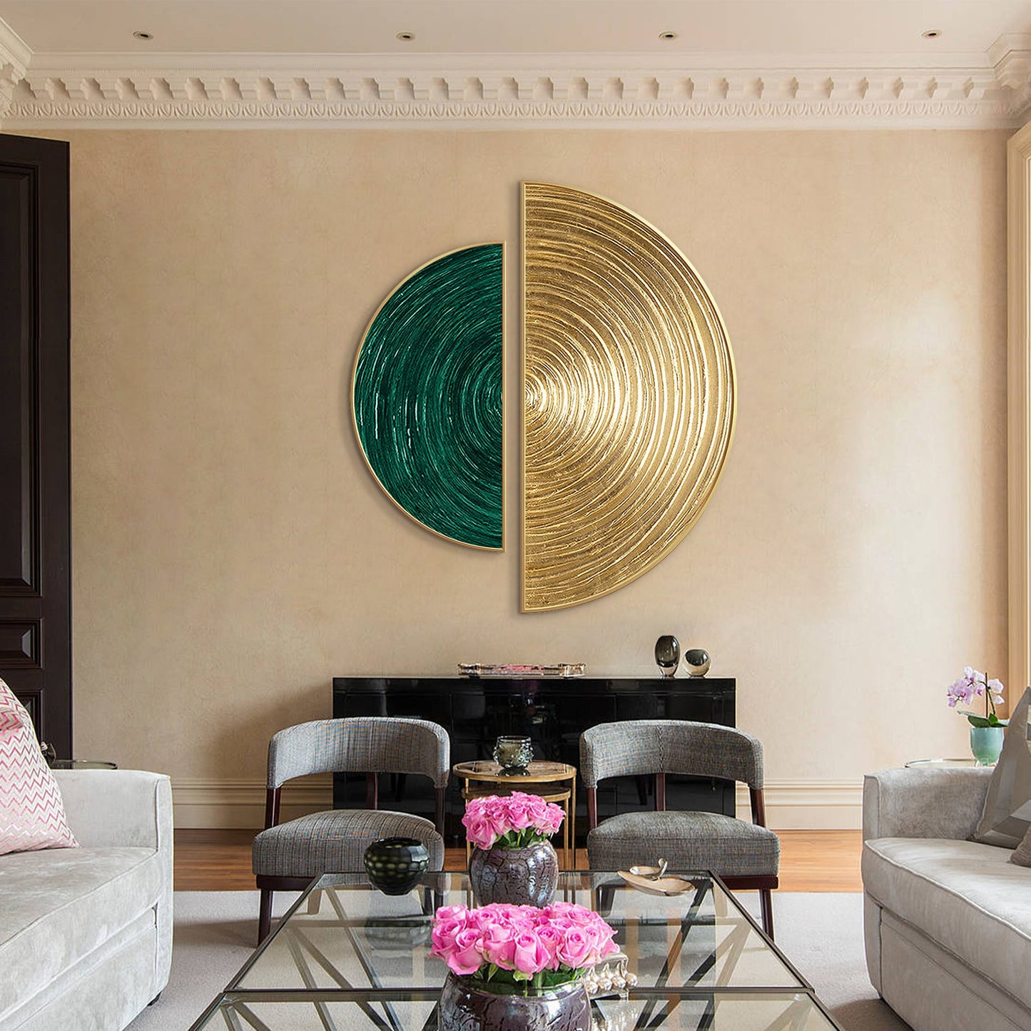 Green And Gold Leaf Oil Painting Round Art
