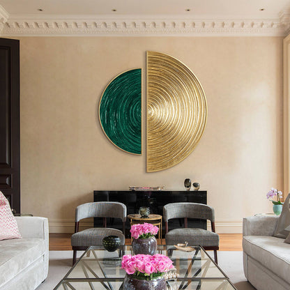 Green And Gold Leaf Oil Painting Round Art