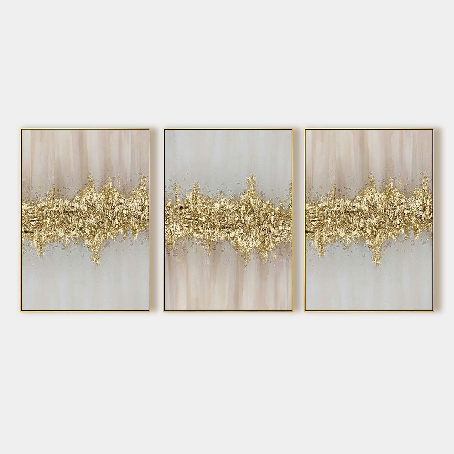 Set of 3 Pink and Gold Leaf Abstract Oil Painting