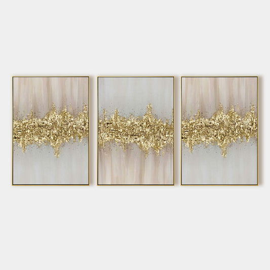 Set of 3 Pink and Gold Leaf Abstract Oil Painting