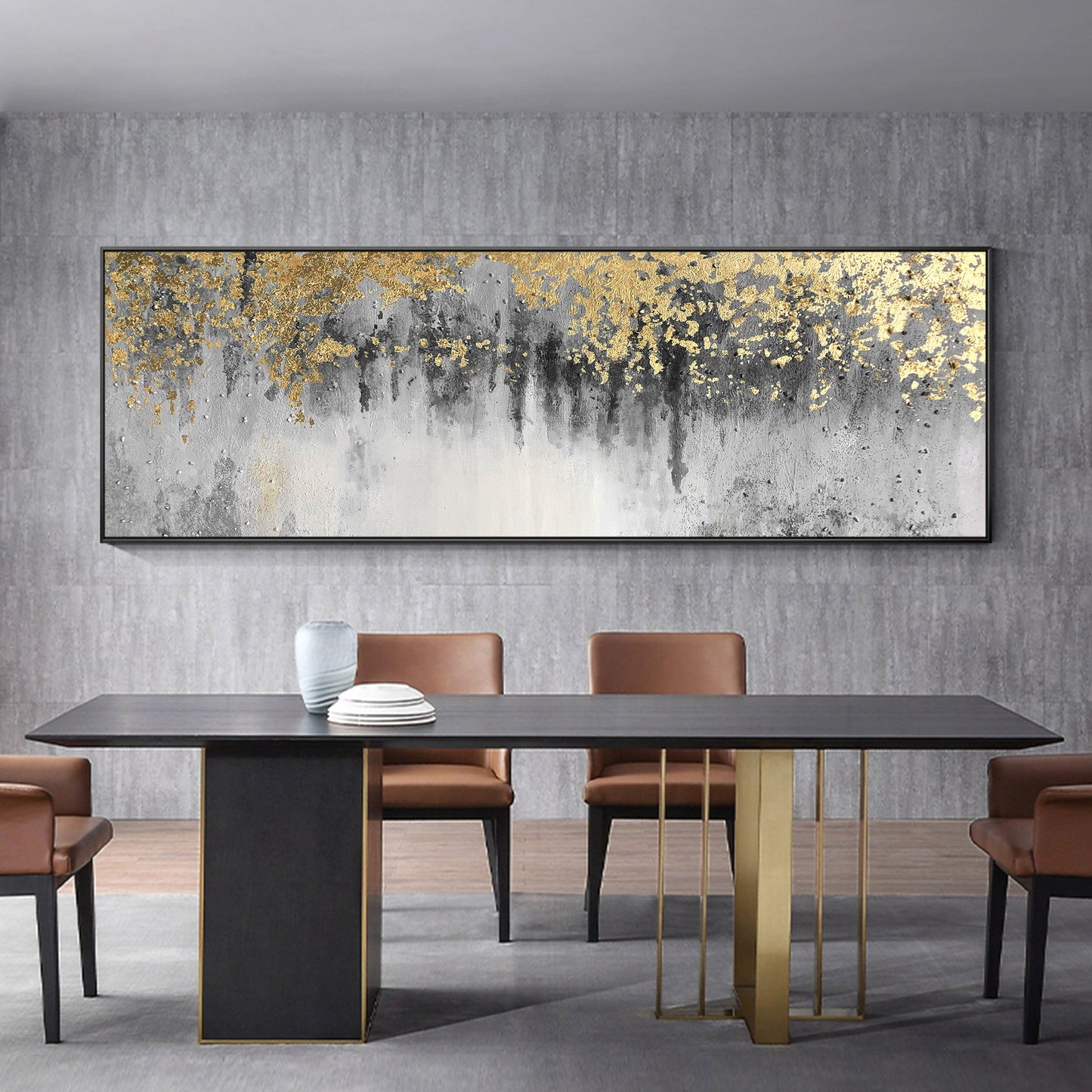 Modern Abstract Oil Painting Gold Leaf Long Wall Art