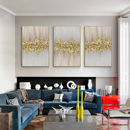 Set of 3 Pink and Gold Leaf Abstract Oil Painting