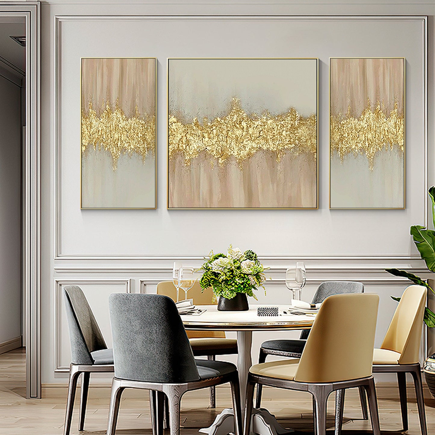 Set of 3 Gold Abstract Painting