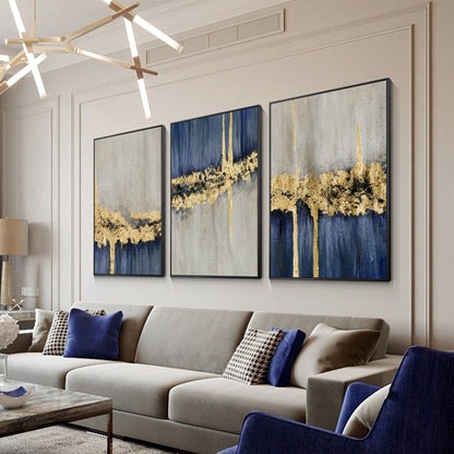 3 pieces Blue And Gold Modern Abstract Oil Painting