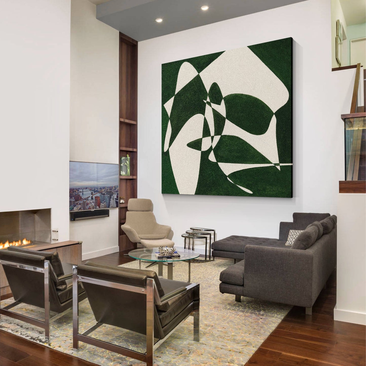 Hunter Green Abstract Geometric Oil Painting