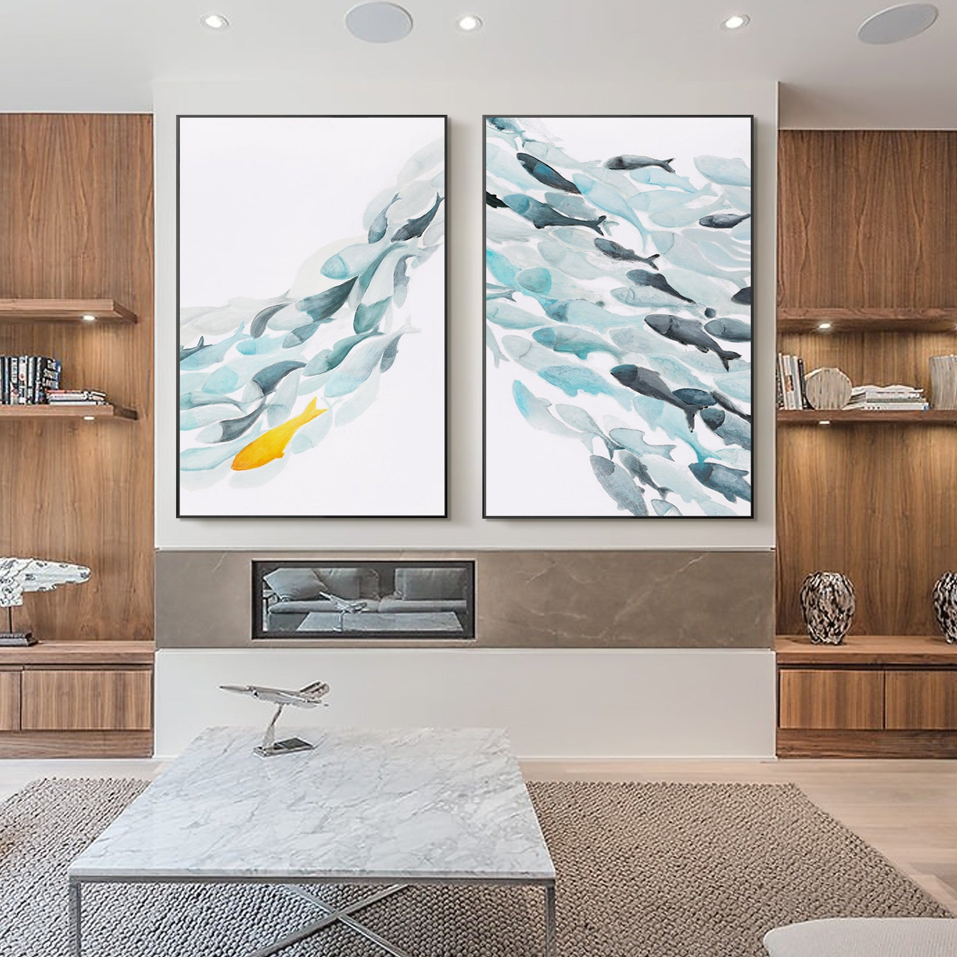 Set of 2 School Of Fish Oil Painting on Canvas